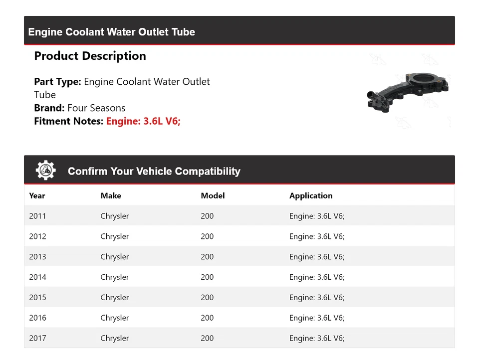 Tubo de salida de agua refrigerante motor V6 3,6 L Chrysler 200 2011-2017 4 estaciones Foto 2 de 4