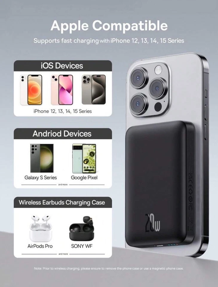 Baseus Magnetic Battery, Wireless Portable Charger 20W USB-C Black Foto 3 de 4