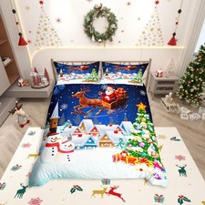 Christmas Duvet Cover Set King Size, Snowman Xmas Tree Santa Claus Bedding Se...