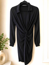 PRETTYLITTLETHING Womens Black Collared Long Sleeve Wrap Knee Dress Size 8