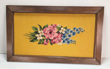 Vintage Finished Needlepoint Floral Bouquet Spray Solid Wood Frame 23"x14"