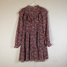 Nasty Gal Collection Floral Ruffle Mock Neck Mini Dress Brown Pink US 2 Long Slv