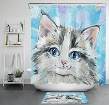 Watercolor Cute Animal Kitten Funny Cat Shower Curtain Bathroom Accessories Set