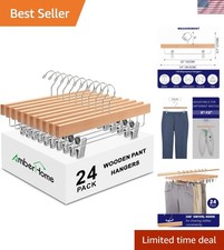 24 Pack Natural Wooden Pants Hangers with Clips, Wood Skirt Hangers Trouser H...