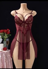 Deep Red Lace Sheer Babydoll Slip Lingerie Chemise Nightwear 009
