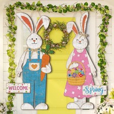2 Pcs Easter Bunny Hanging Sign Easter Wooden Front Door Spring Decorations Larg