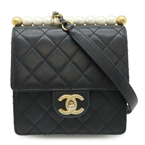 CHANEL Matelass Coco Mark Pearl Chain Bag Chain Shoulder Flap Bag Leather Black