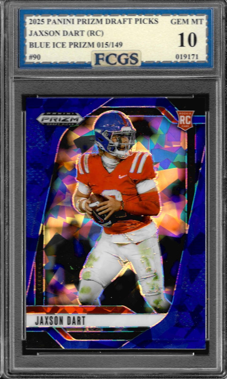 2025 Prizm Draft Picks Jaxson Dart RC #90 Blue Ice /149 Graded FCGS 10 GEM MINT