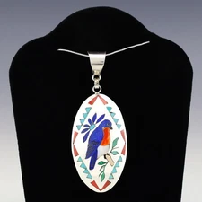 NATIVE AMERICAN ZUNI SILVER & INLAY EASTERN BLUE BIRD PENDANT BY QUINTIN QUAM