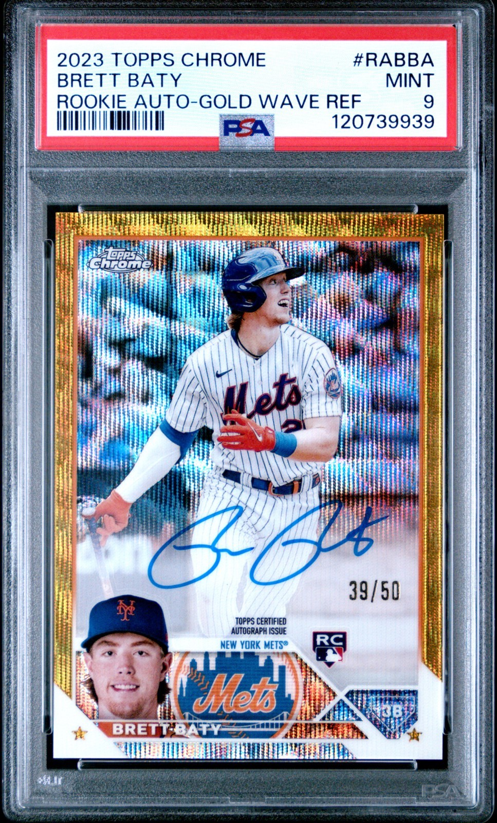 2023 Topps Chrome Brett Baty Gold Wave Refractor Auto RC /50 PSA 9 Mets SP