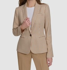 Tommy Hilfiger Women's Beige Check-Print Long-Sleeve Blazer Jacket Size 2