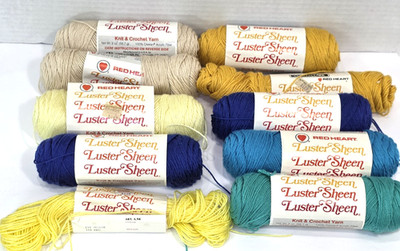 Vintage Red Heart Luster Sheen Yarn Gold Blueberry Jade Natural Yellow Ming Blue