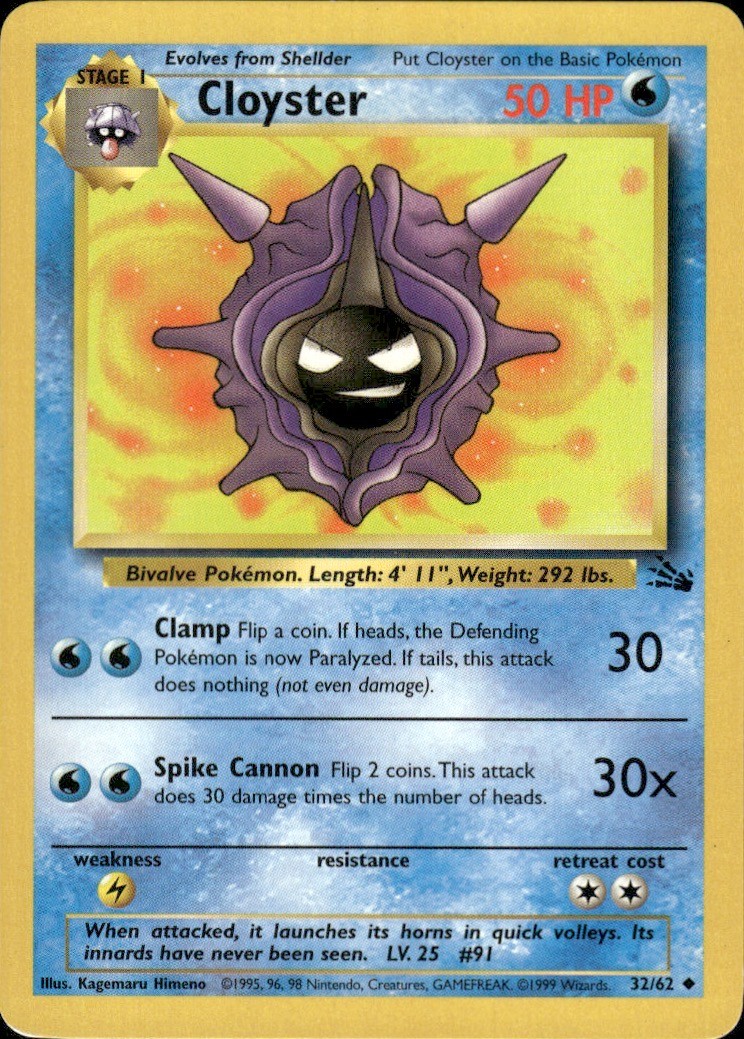 Cloyster 32/62 Uncommon Fossil Pokemon Unlimited Lightly Played