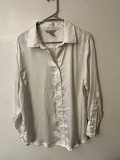 H&M White Satin Blouse Sz L Button Front Long Sleeves HM HM Shirt