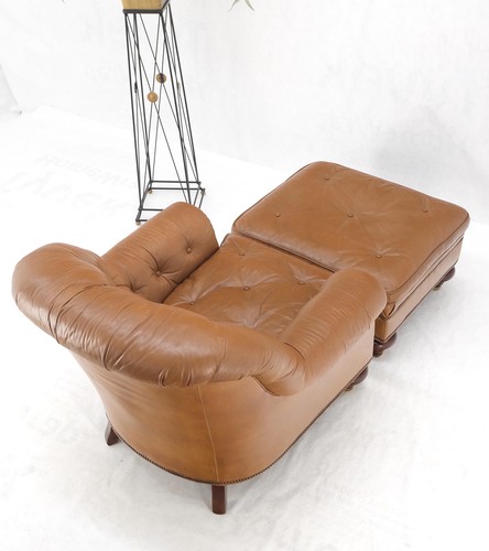 Baker Tan Leather Tufted Back Large Arm Chair w/ Ottoman Pouf Turned Legs MINT! - Picture 13 of 19