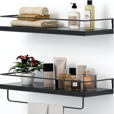Floating Bathroom Shelves Set of 2 Wall Mounted Shelf with Black Metal Frame ...