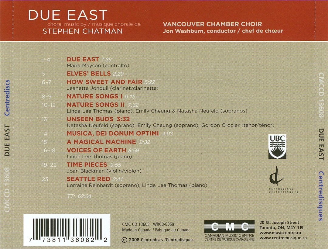 Vancouver Chamber Choir Due East New Album CD Release