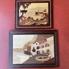 Two Marquetry Wood Inlay Picture Italian Shore Mountain Country Village Scenes