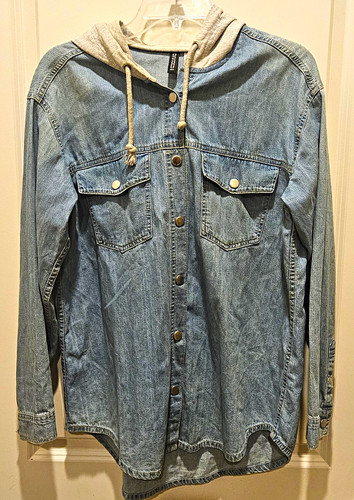 H&M, H&M Divided Hooded Denim Shacket Jacket Womens Size 10 Blue Gray Hoodie Shirt