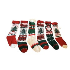 Vtg Lot 6 Christmas Knit Stockings Santa Trees Red White Green Pom Poms