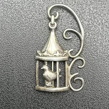 Sterling Silver Bird in Cage Brooch Pin by Lang Sterling, 2.1”