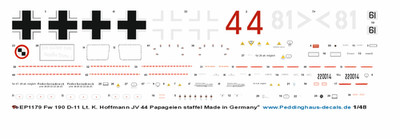 Peddinghaus-Decals 1/72 EP1179 FW 190-D11 Lt. K. Hoffmann JV44 Papageien Staffel