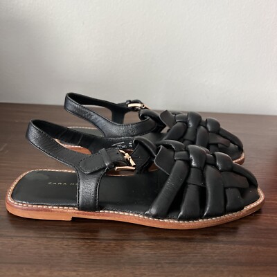 Zara home soft black caged leather sandals Sz 5 | eBay