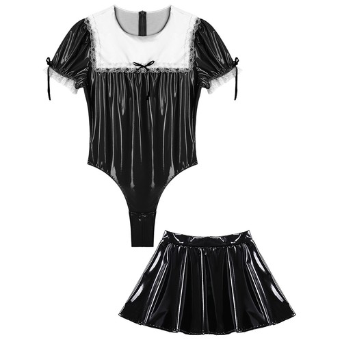 Men's Sissy Maid Cosplay Costume PVC Leather Bodysuit Leotard with Skirt Uniform - Picture 16 of 30