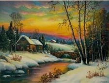 Vintage 1940 6x8 Decorative Art Print In Mid-Winter, Snowy Cottage Landscape