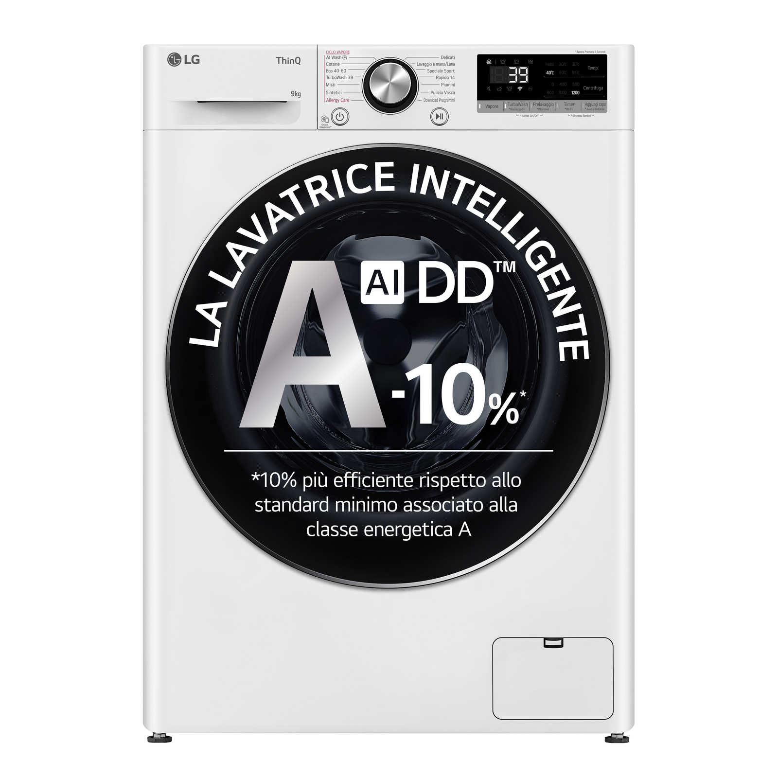 LG F2R7S09TSWC Lavatrice 9kg AI DD, Classe A-10%, 1200 giri, TurboWash, Vapore,W