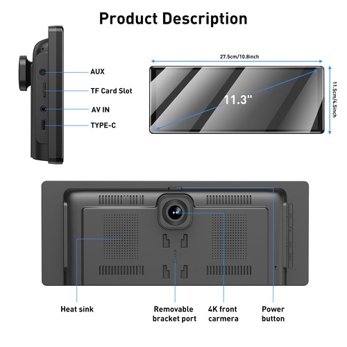 4K Touch Screen 11.3" Portable Carplay&Android Auto Car Stereo Dash Cam GPS BT - Picture 13 of 14