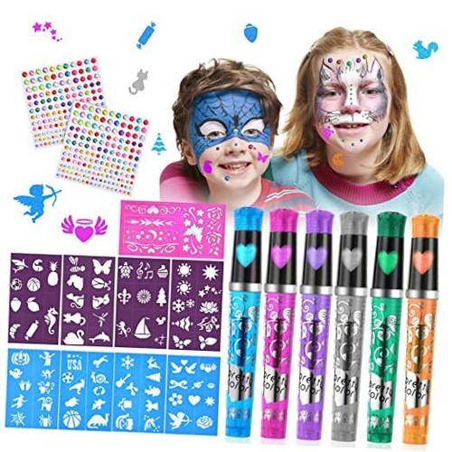 Temporärer Tattoostift, 6 Glitzer Tattoo Stift Kit mit 9 Schablonen und 2 6 Farben