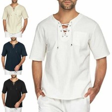 Cotton Linen Short Sleeve Mens Lace Up Tops V Neck T-shirt Casual Loose Tunic