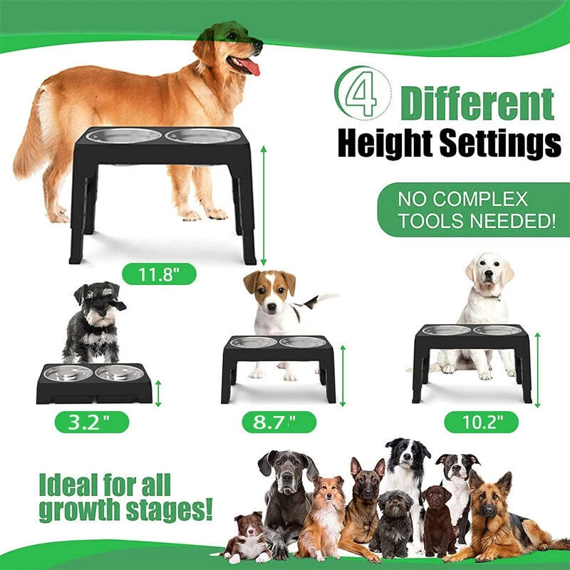 Adjustable Elevated Stand Double Dog Cat Bowls Raised Food &Water Feeding Dishes - Image 2 of 4
