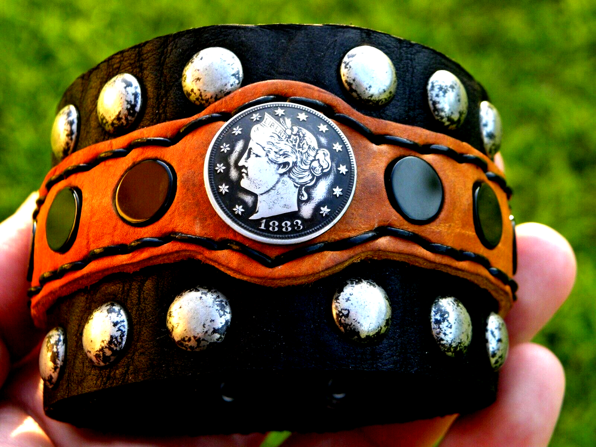 Bison leather cuff wide bracelet 1883 Liberty V coin onyx  display picture 3