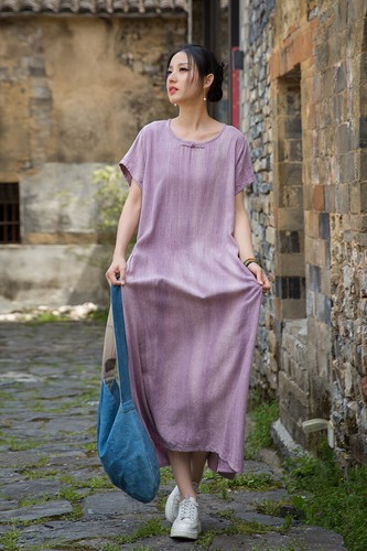 Retro Summer Cotton Linen Womens Short Sleeve Loose Oversized Long Dress Gown sz - Picture 16 of 27