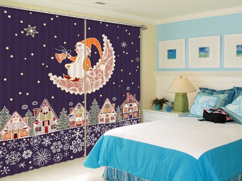 3D Moon Snowman Bell House I176 Christmas Window Photo Curtain Fabric Quality Am - Picture 2 of 8