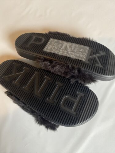 Victoria's Secret Kunstfell-Pantoletten PINK Sandalen kreuz und quer schwarz Damen Gr. S NEU - Bild 3 von 3