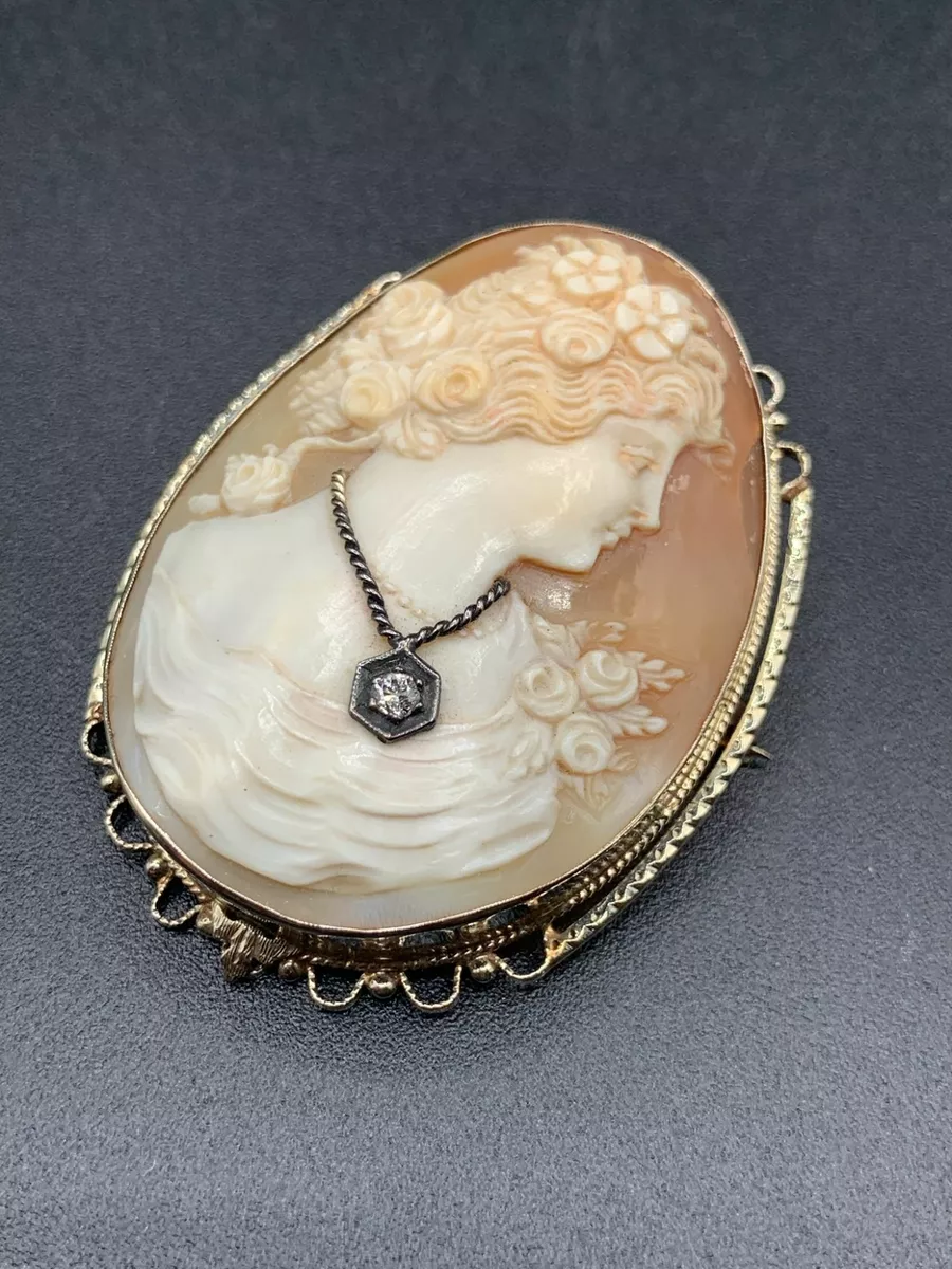 14K Gold Cameo W Diamond Lady Face Cameo Brooch Pendant Carved Shell Art Deco