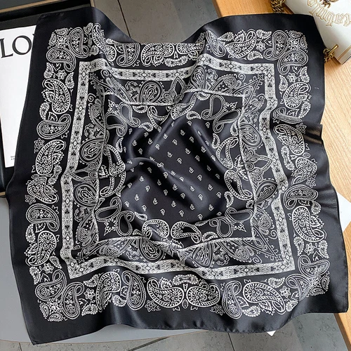 100% Silk 26" Square Scarf Women Neckerchief Bandana Vintage Blakc White Paisley - Picture 9 of 12