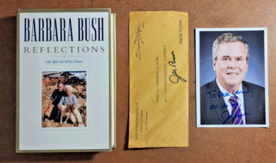 First Lady Barbara BUSH & JEB BUSH Autograph Lot - SIGNED Book, Photo & Envelope
