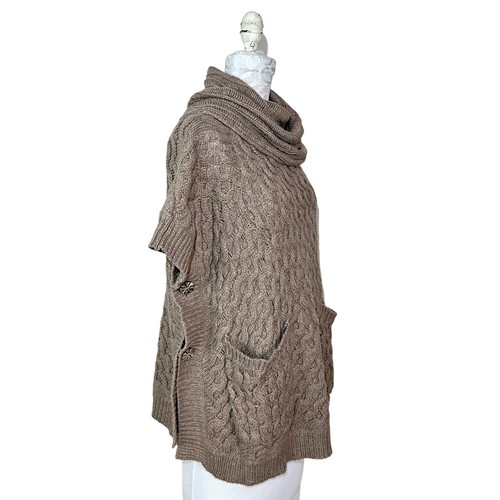 Angel of the North Chunky Knit Cowl Neck Poncho Sweater Tan Women XS Small - Picture 4 of 10