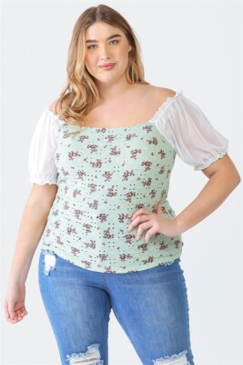 Mint Green Flower Print White Mesh Sleeves Off Shoulder Top Junior Plus Size 1X