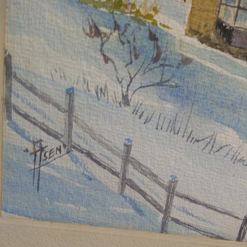 2 Paintings Antique American Farm cabin Folk Art Winter Landscape watercolor - Picture 4 of 12