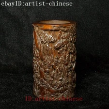 H 4 in Old Chinese boxwood hand carved Eighteen Arhats Buddha Statue brush pot