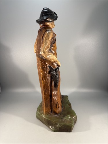 VTG Michael Garman Sculpture Bronzetone Gazing Cowboy In Chaps Pistol On Fence - Picture 8 of 24