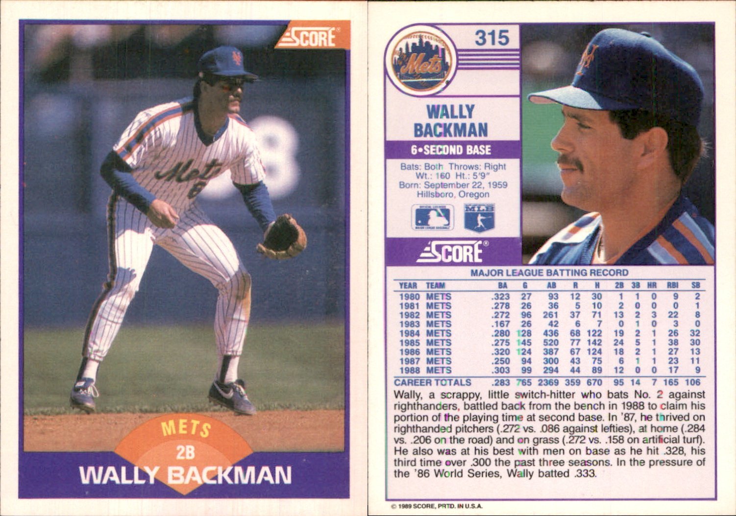 Wally Backman 1989 Score #315 Card New York Mets FREE SHIP *AutographDen*