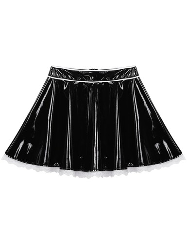 Women Latex French Maid costume wet Patent Leather Puff Sleeve Top short skirt - Picture 6 of 8