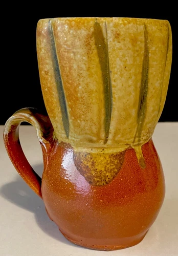Hand Made Pottery Coffee Mug Cup Tans Orange Brown Drip Glaze 1970s