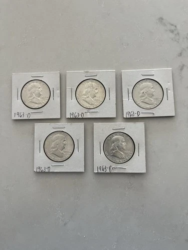 1963-D Franklin Half Dollar Lot of 5 Circulated Silver Coins Denver Mint